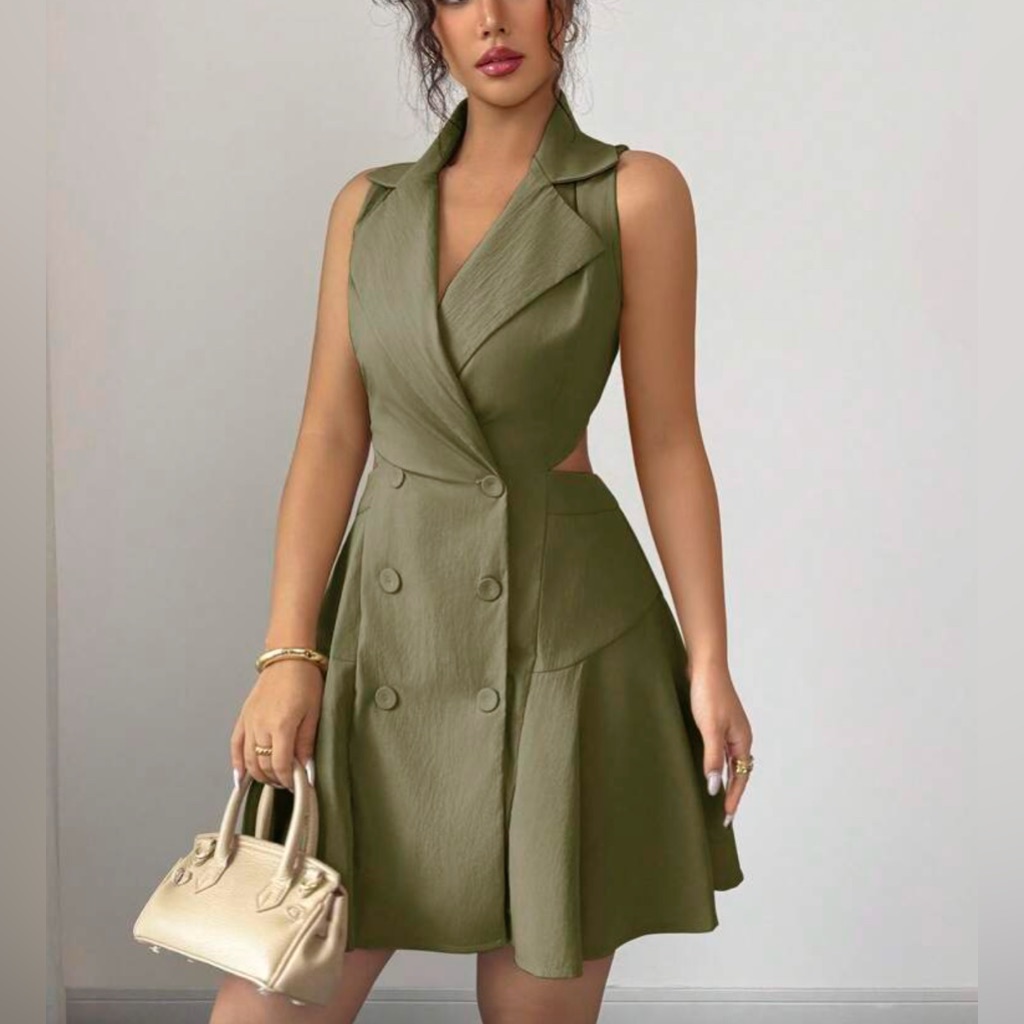 Chic Double Breasted Sleeveless Olive Dress